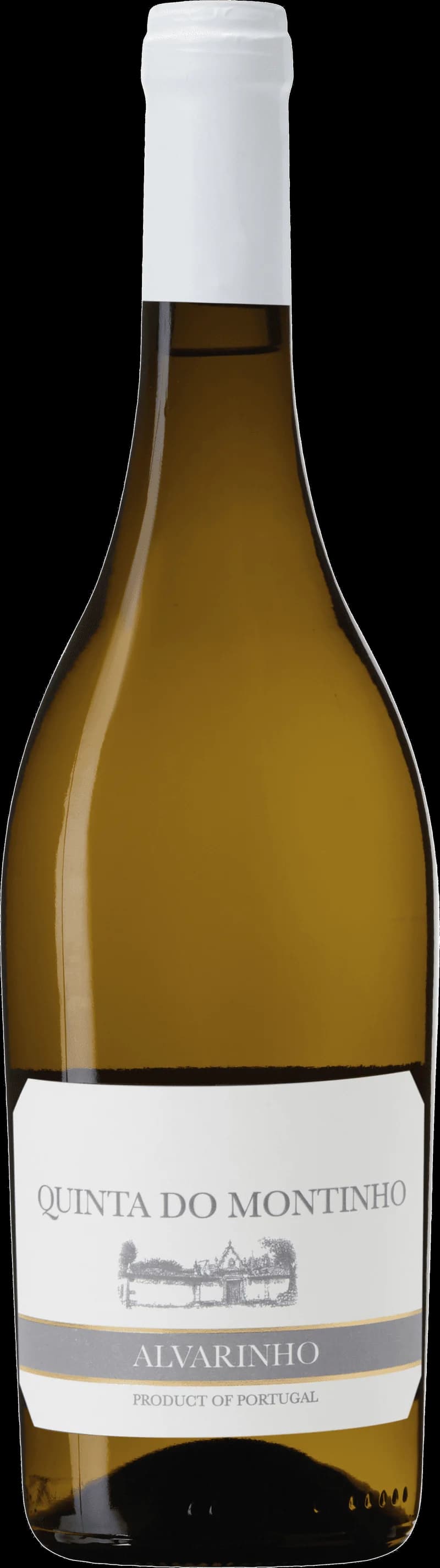Flaska av Quinta do Montinho vitt vin mot ljus bakgrund