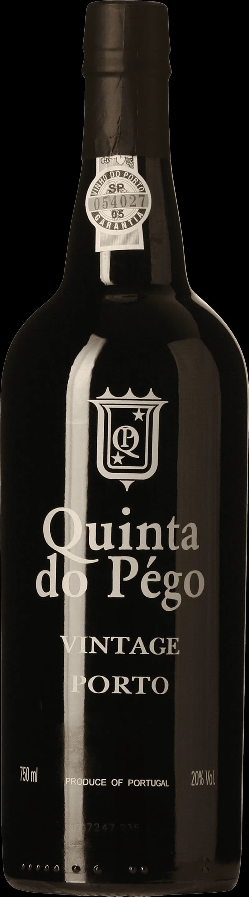 Flaska Quinta do Pego starkvin mot mörk bakgrund.
