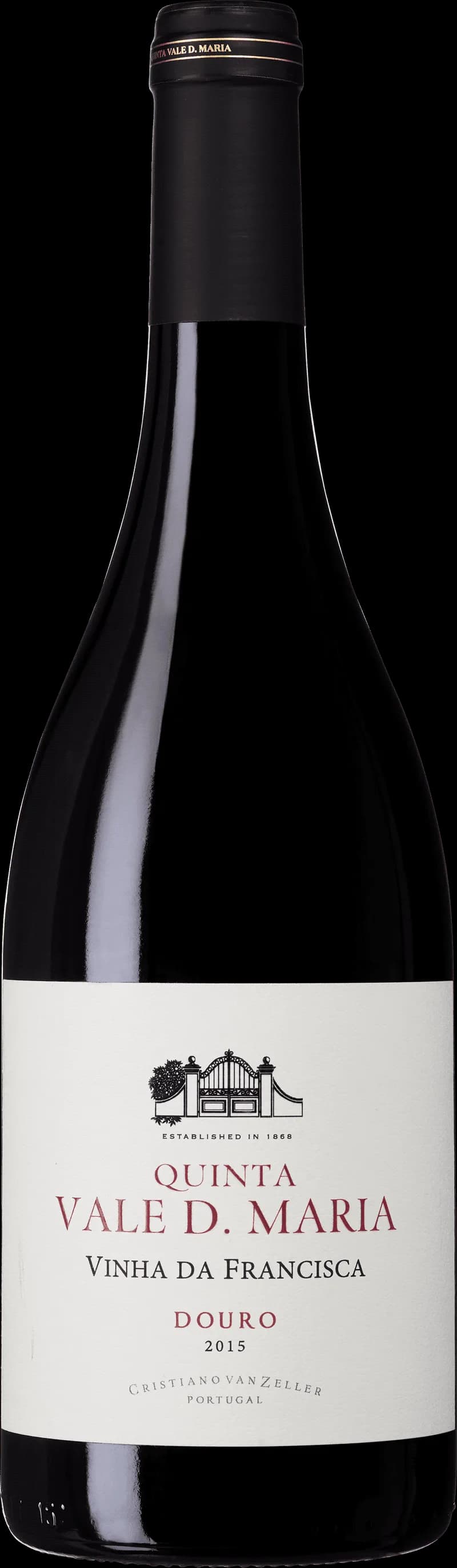 Flaska av Quinta Vale D. Maria rött vin mot neutral bakgrund.