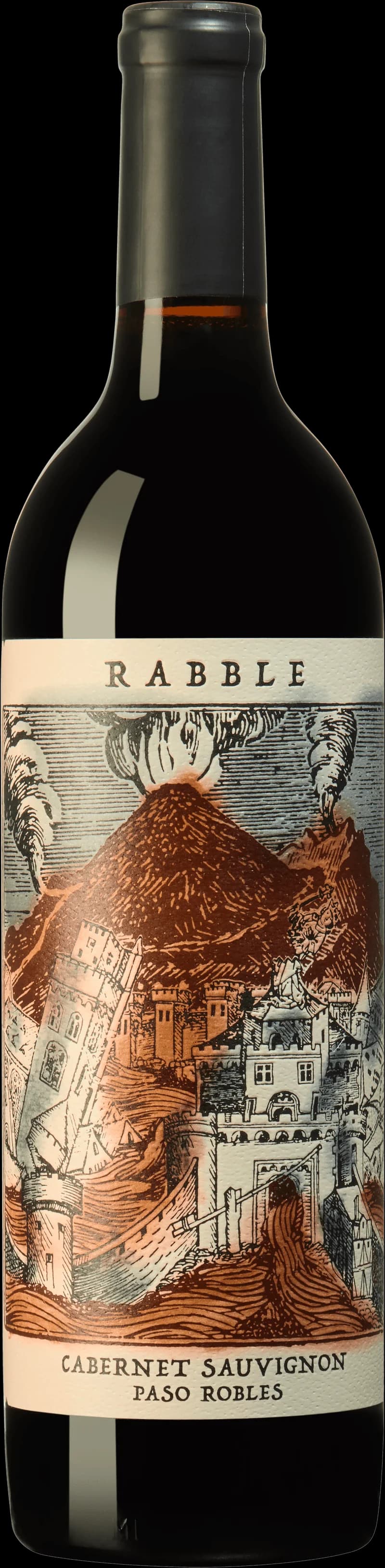 Flaska av Rabble rött vin mot en mörk bakgrund.