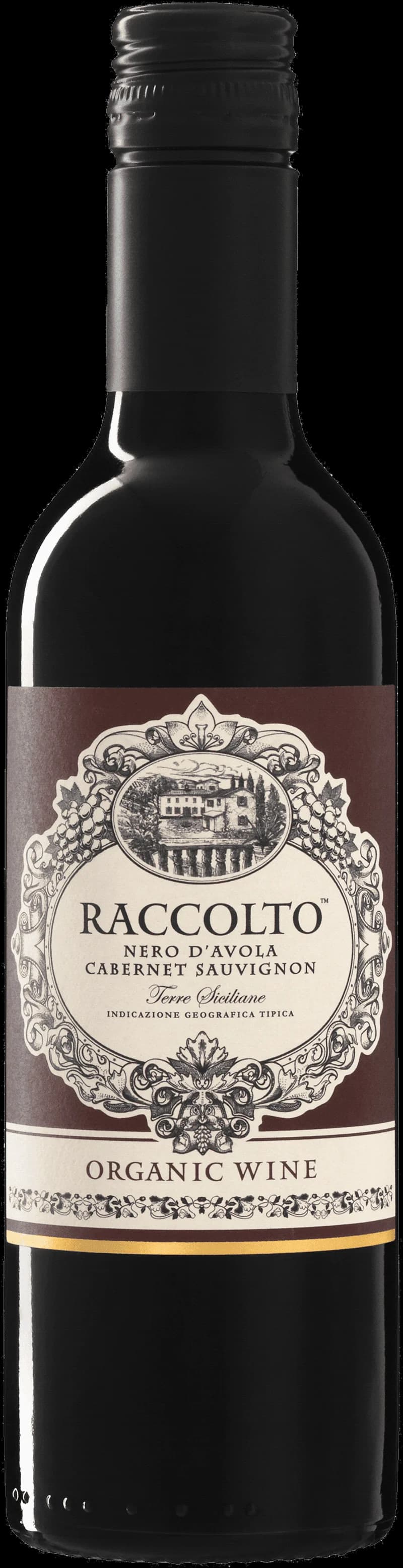 Flaska med rött vin från Raccolto på en bordsservering.