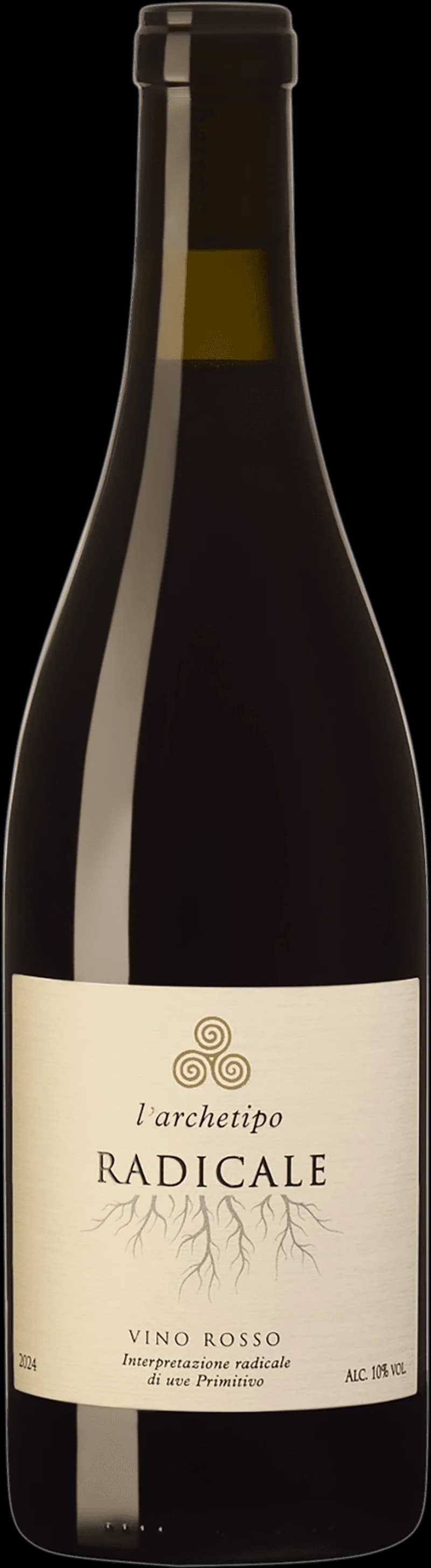 Flaska med Radicale rött vin mot en mörk bakgrund.