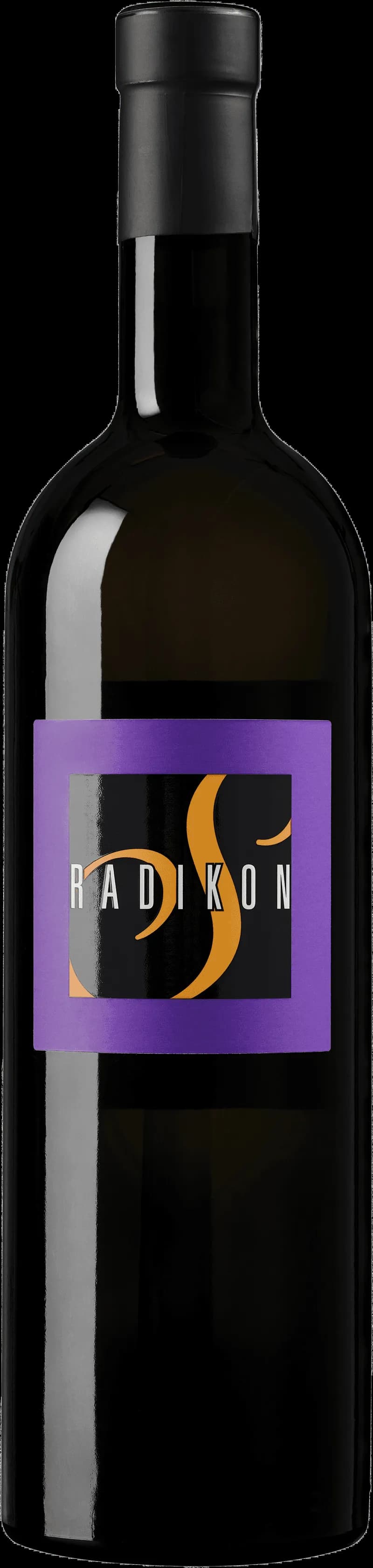 Flaska med Radikon vitt vin mot en neutral bakgrund