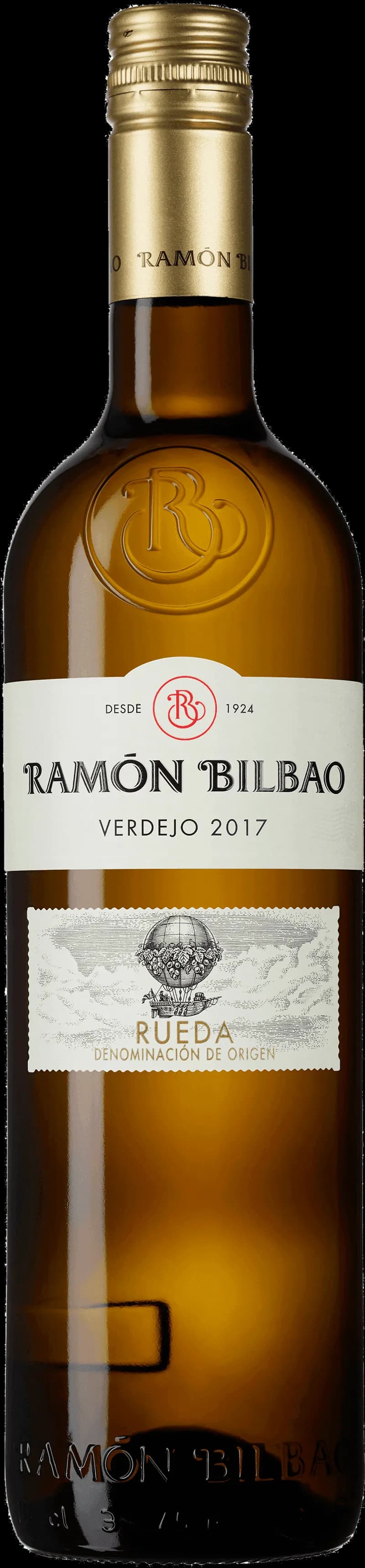 Flaska Ramón Bilbao vitt vin mot ljus bakgrund