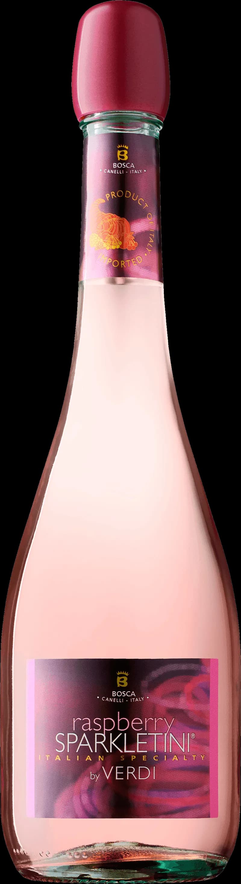 Ett glas raspberry sparkletini, ett mousserande vin med hallonsmak, serverat i ett elegant glas.