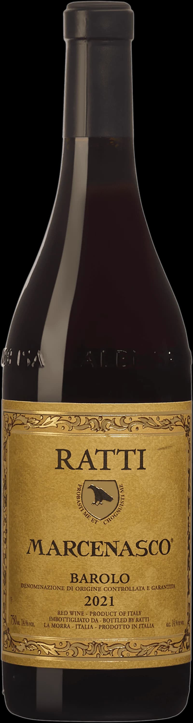 Flaska av Ratti Barolo Marcenasco rött vin mot neutral bakgrund.
