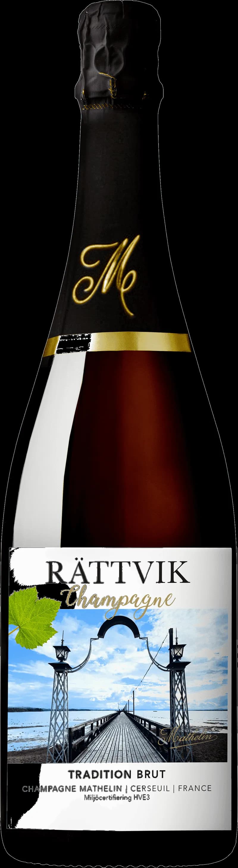 Flaska med mousserande vin från Rättvik, serverad i champagneglas.