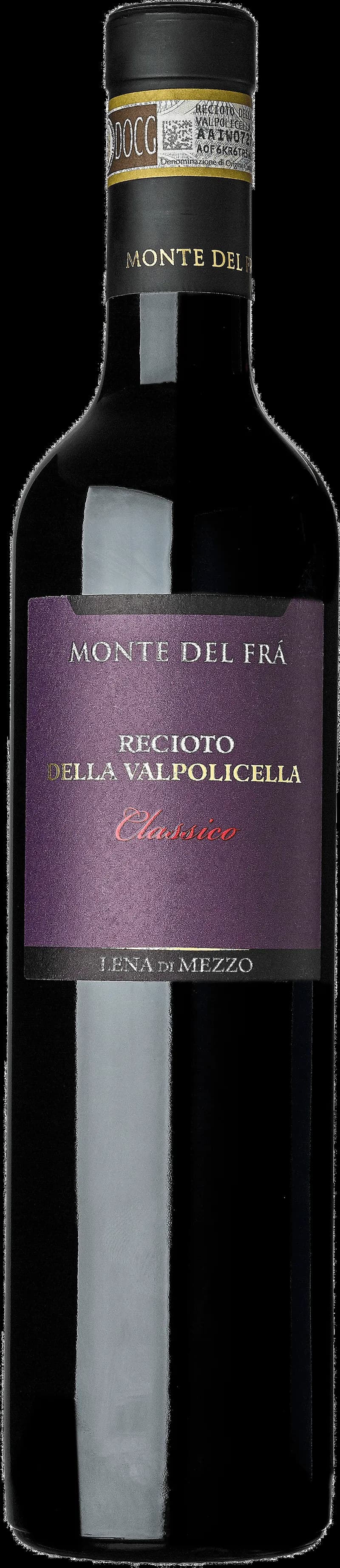 Flaska med Recioto della Valpolicella Classico rött vin mot mörk bakgrund