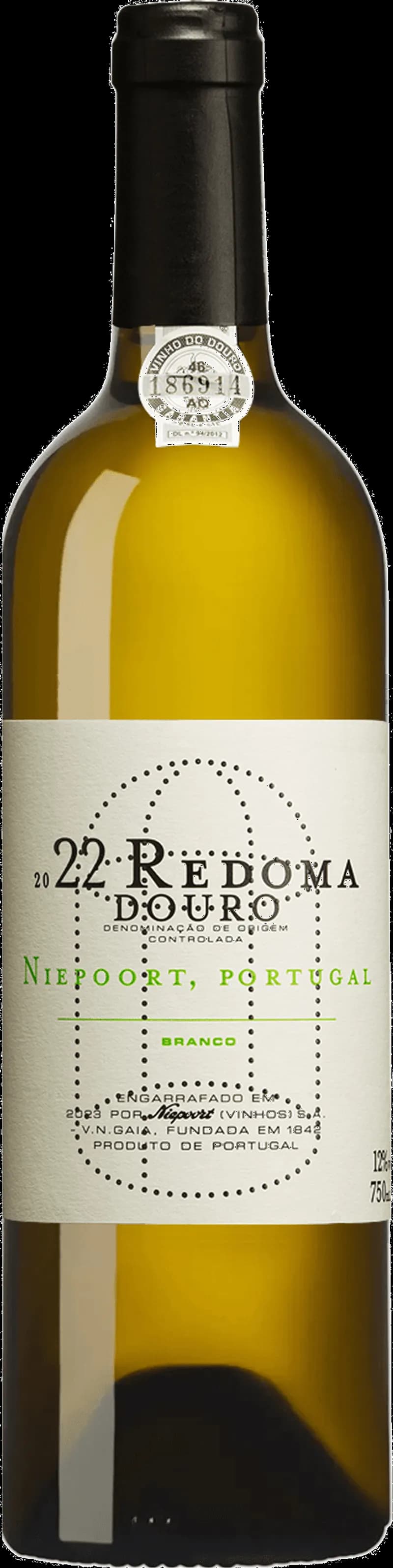 Flaska av Redoma Branco vitt vin på vit bakgrund