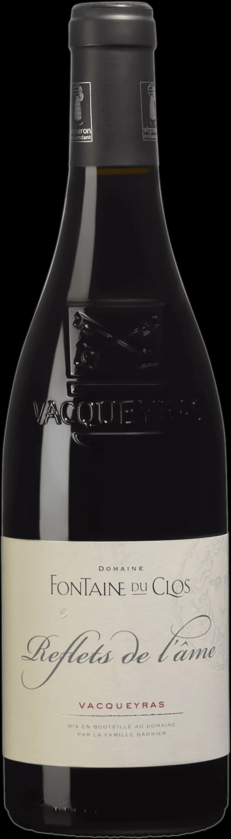Flaska av rött vin Reflets de l'Âme på vit bakgrund