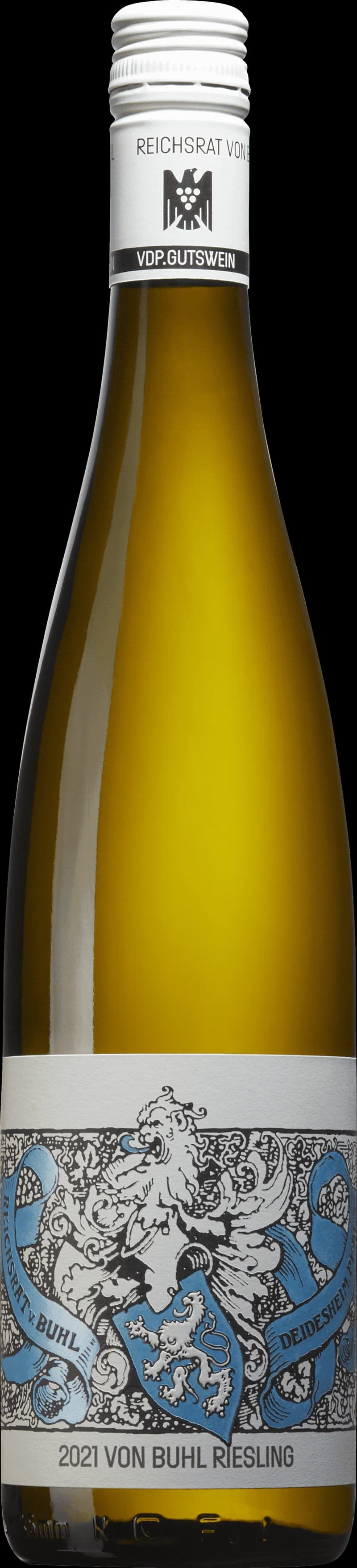 Flaska av Reichsrat von Buhl vitt vin mot ljus bakgrund.