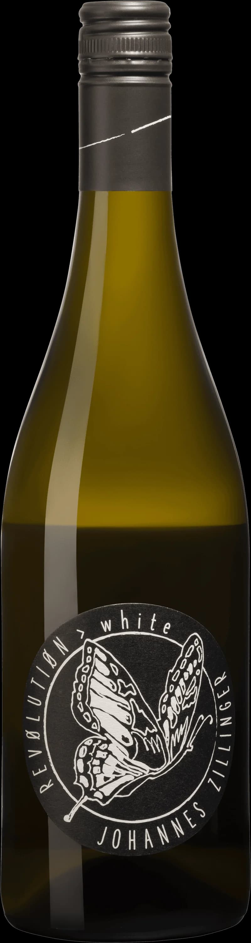 Flaska och glas med Revolution White Maceration vitt vin mot ljus bakgrund.