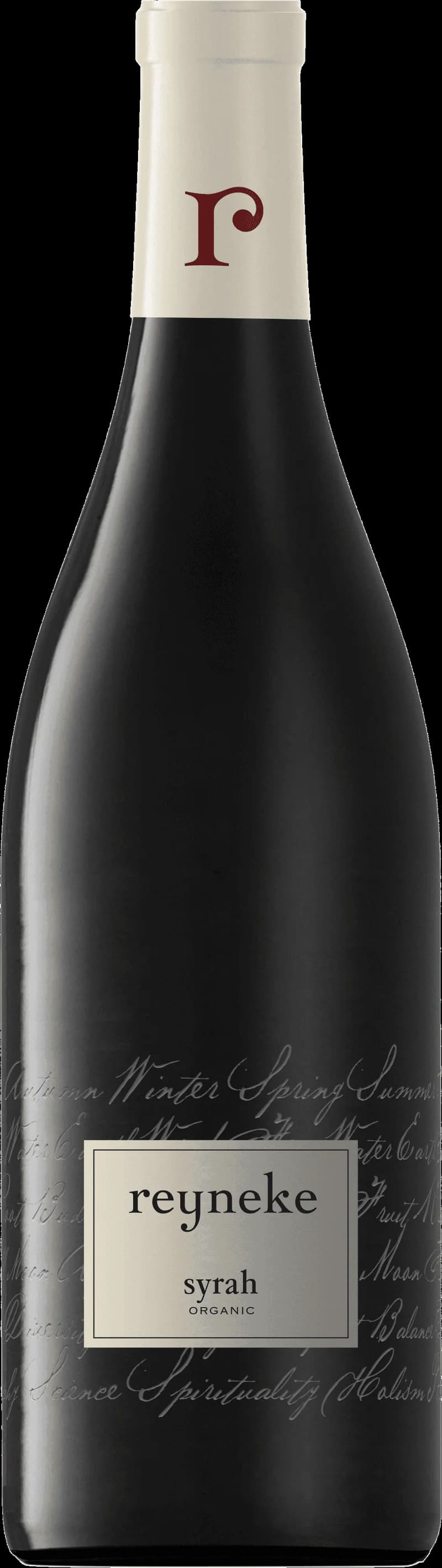 Flaska med rött vin från Reynke, etikett synlig.