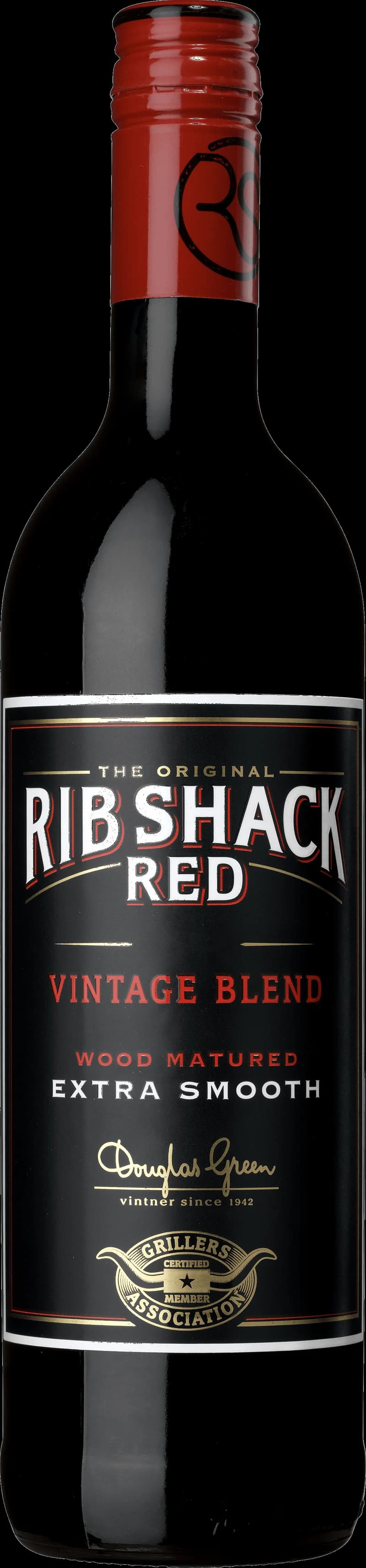 Flaska av rött vin från Rib Shack på en rustik träbänk