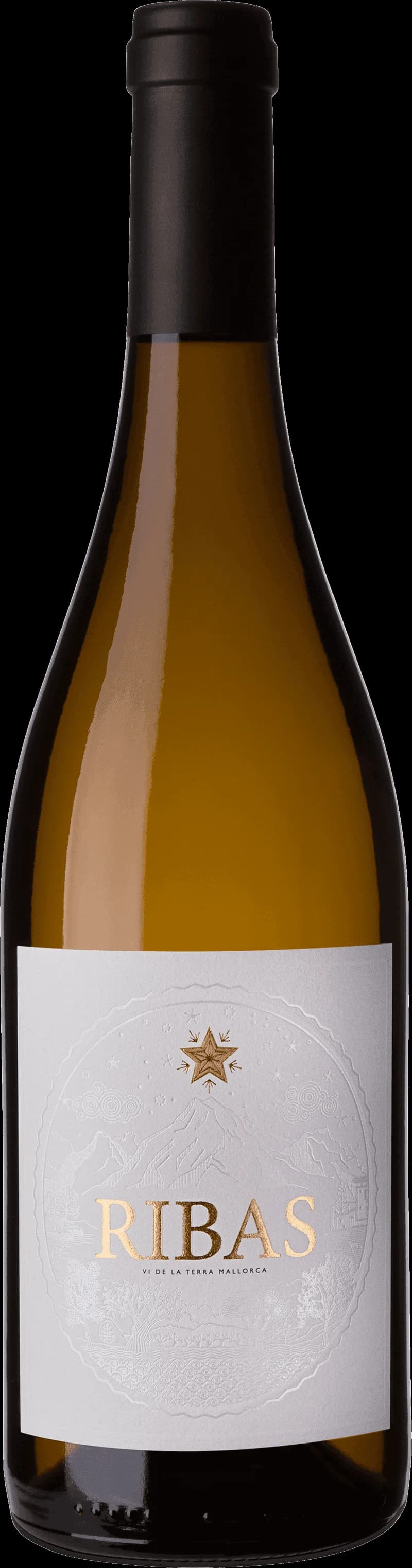 Flaska med Ribas vitt vin mot en neutral bakgrund.