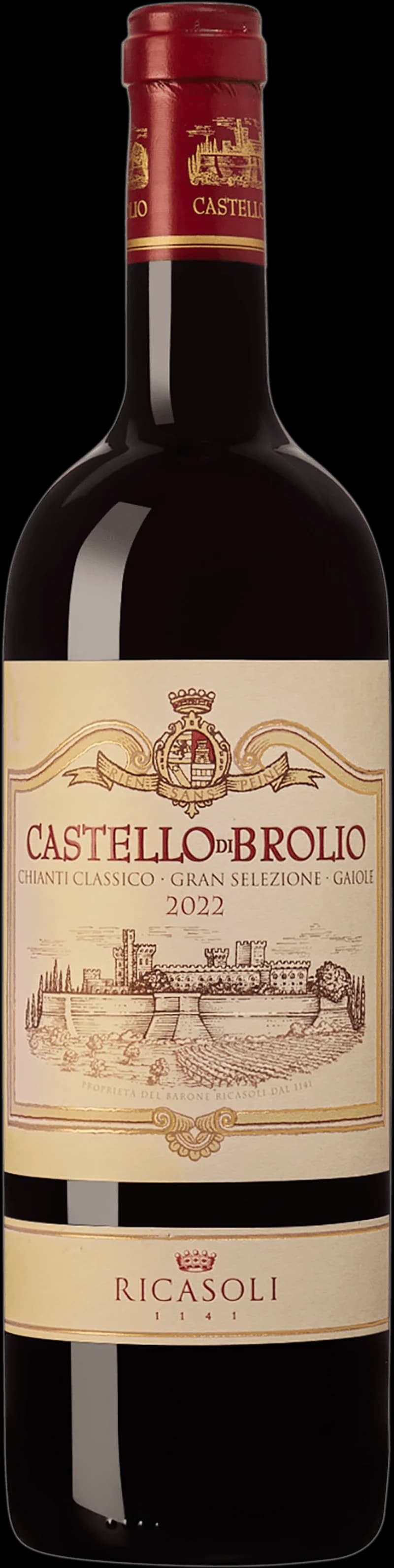 Flaska av rött vin från Ricasoli, italiensk vinproducent.