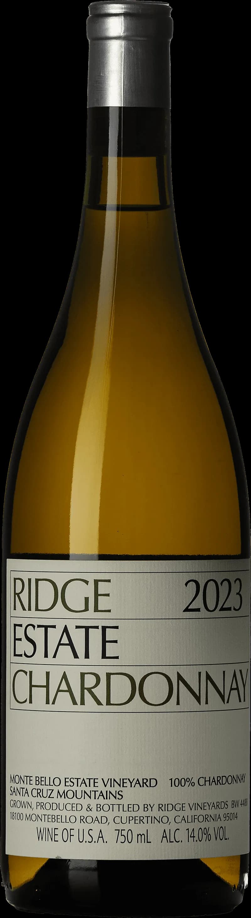 Flaska av vitt vin från Ridge Vineyards på en ljus bakgrund.