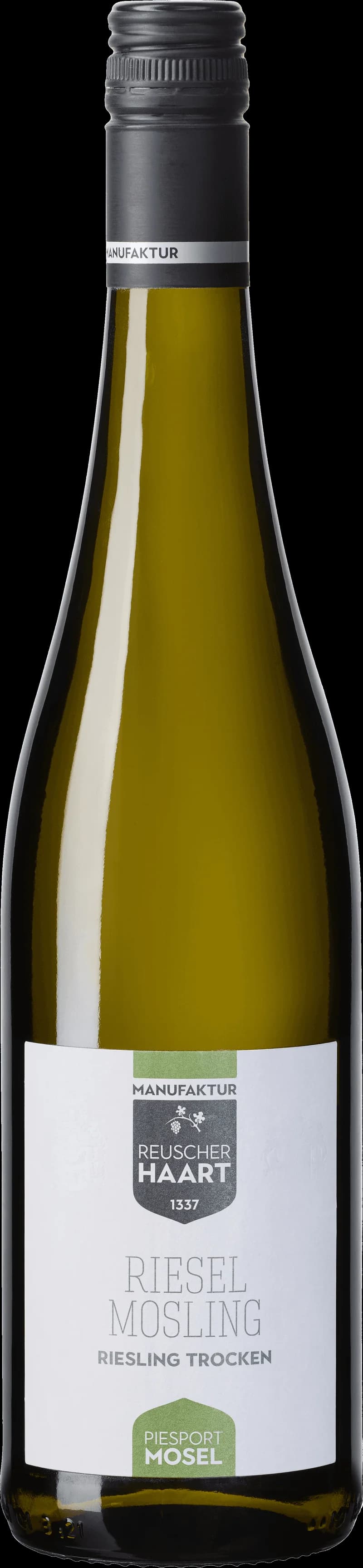 Flaska av Riesel Mosling vitt vin mot neutral bakgrund