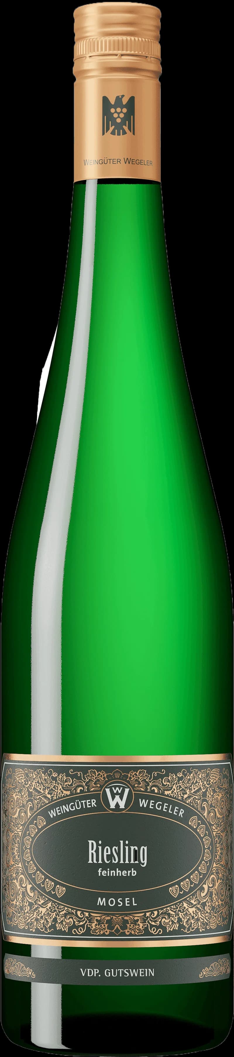 Flaska med Riesling Feinherb vitt vin mot ljus bakgrund