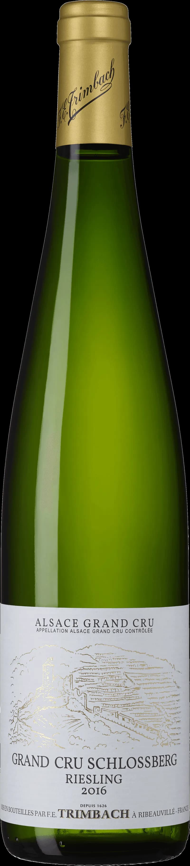 Flaska med Riesling Grand Cru vitt vin mot neutral bakgrund.