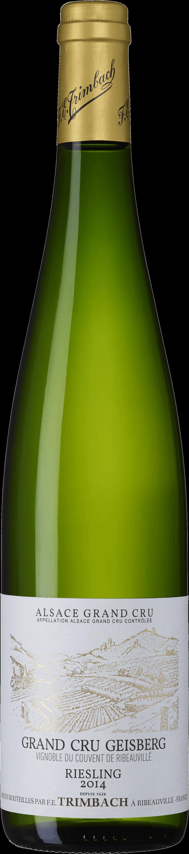 Flaska med Riesling Grand Cru vitt vin mot neutral bakgrund.
