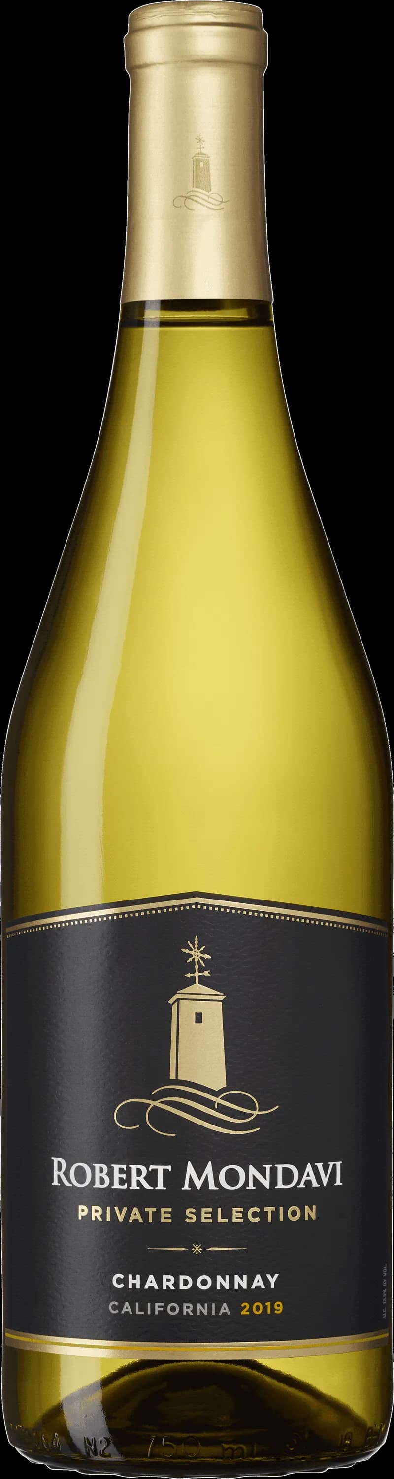 Flaska med Robert Mondavi vitt vin mot ljus bakgrund