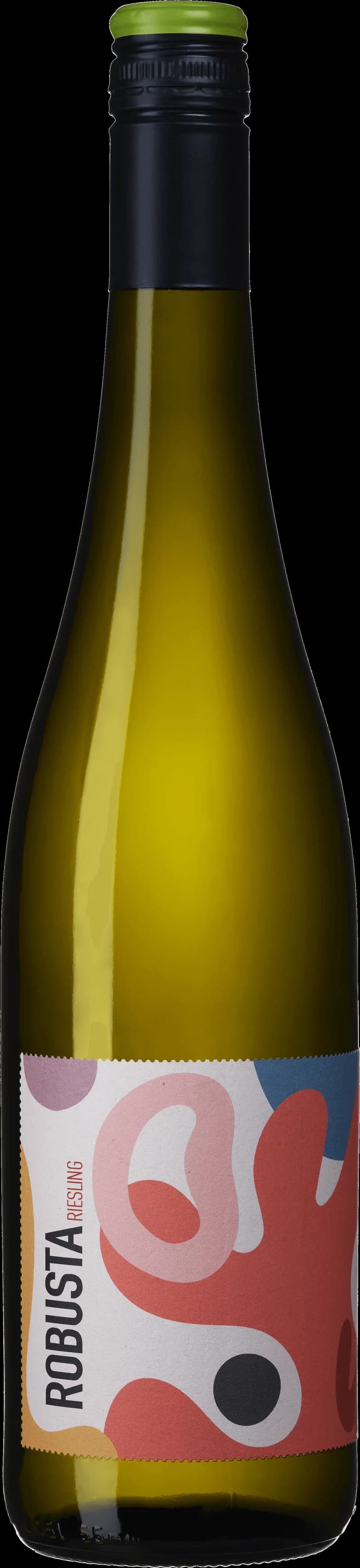 Flaska och glas med Robusta Riesling vitt vin.