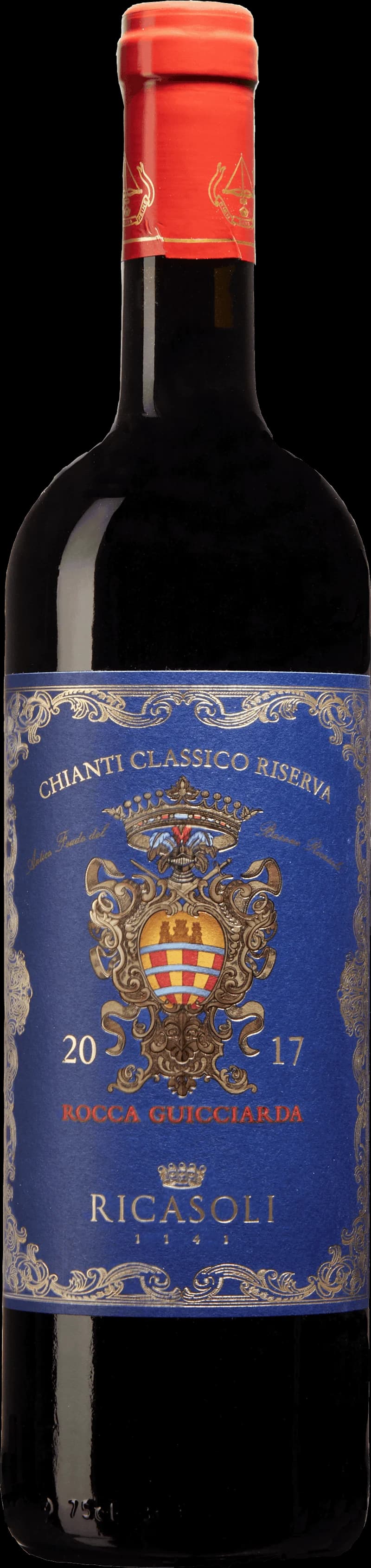 Flaska av rött vin från Rocca Guicciarda på en bordduk.
