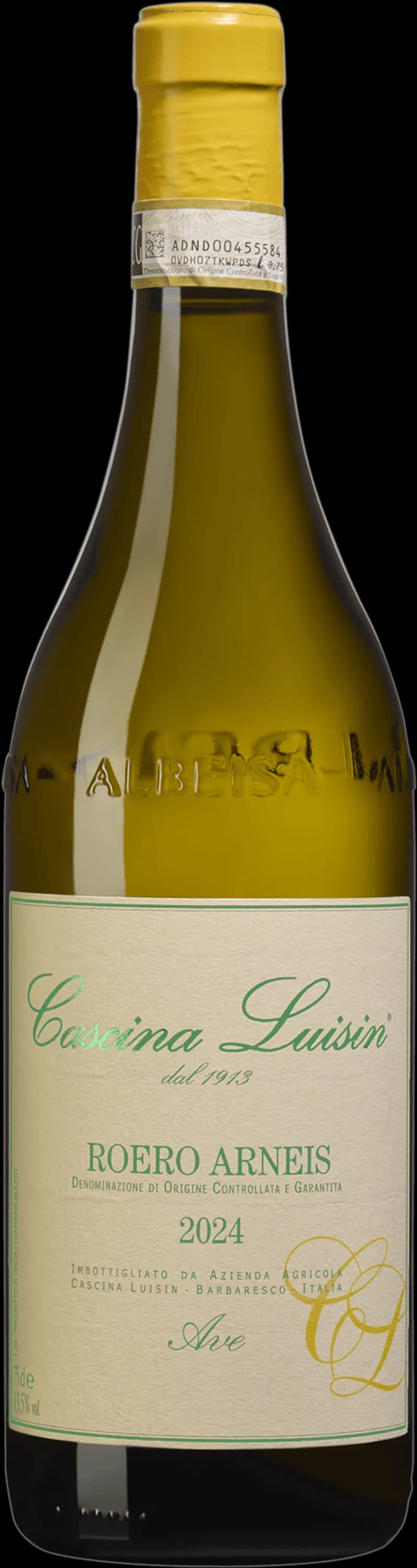 Flaska och glas med vitt vin Roero Arneis från Piemonte.