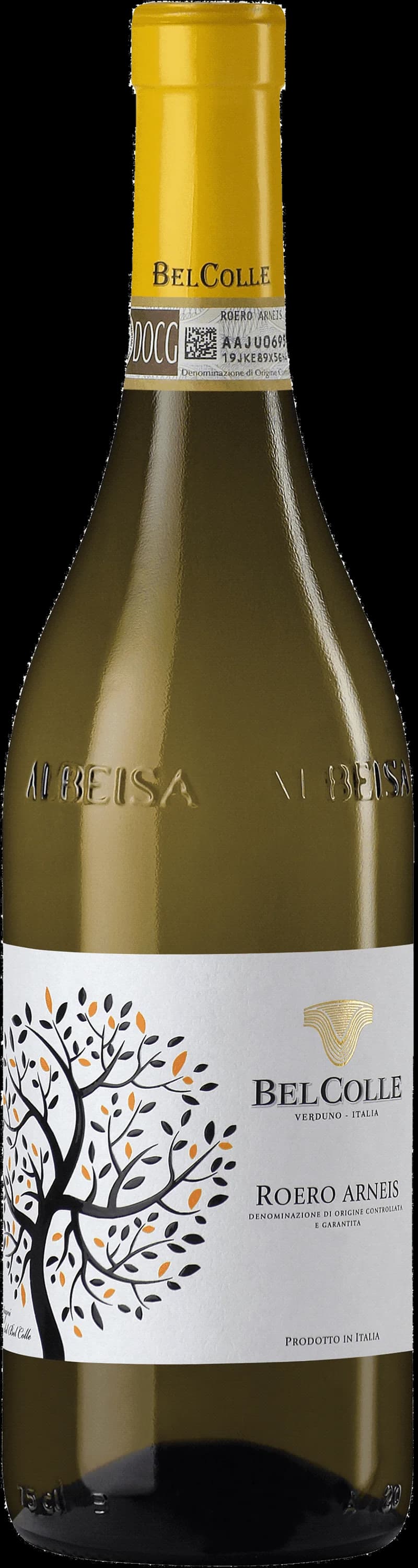Flaska och glas med Roero Arneis, ett ljust vitt vin från Piemonte i Italien.