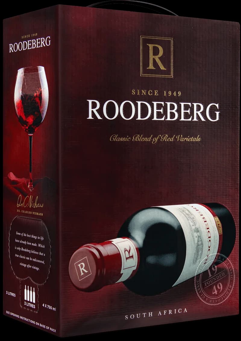 Flaska av Roodeberg rött vin mot neutral bakgrund