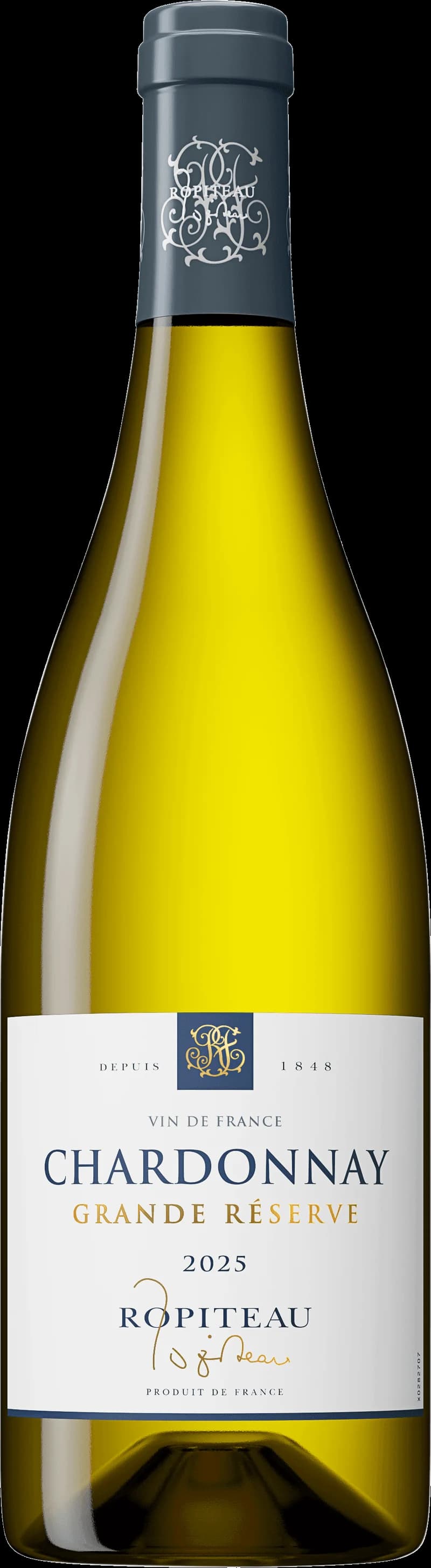 Flaska av Ropiteau vitt vin mot ljus bakgrund.