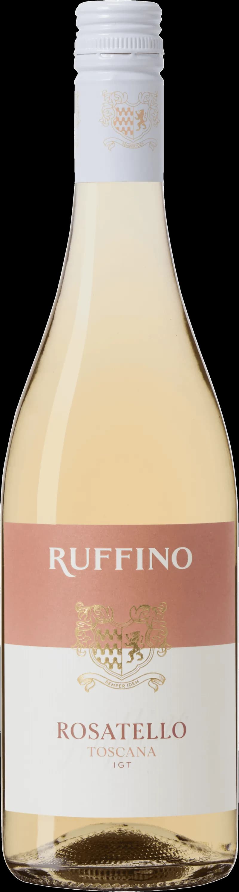 Flaska Rosatello rosévin på ett bord med glas i bakgrunden.