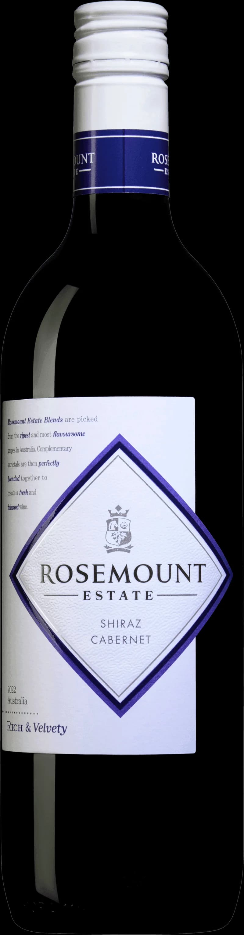 Flaska av Rosemount rött vin mot en mörk bakgrund.