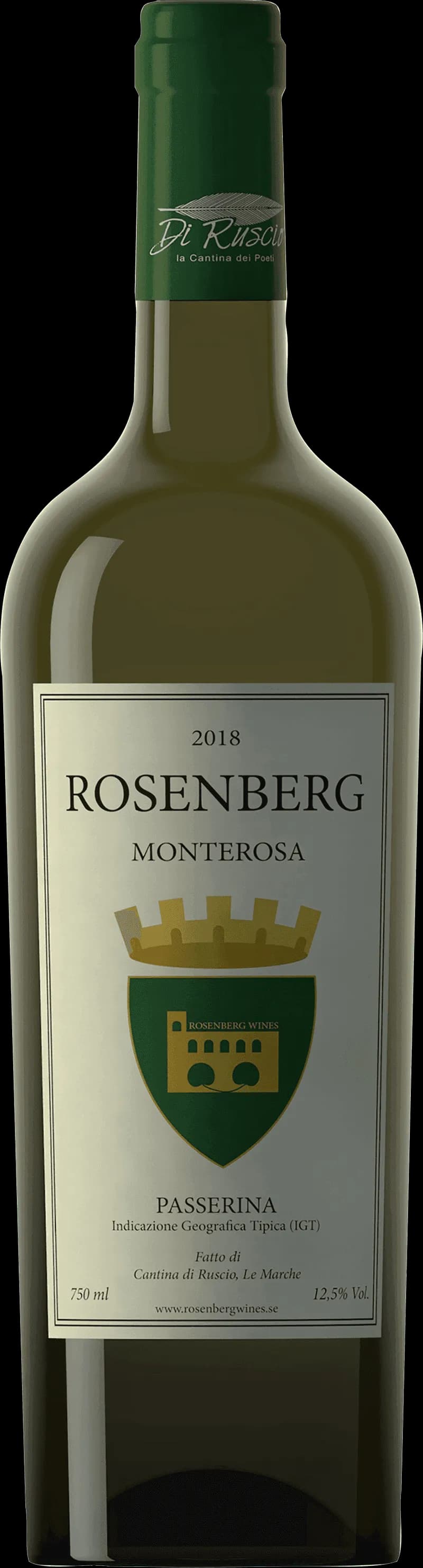 Flaska av Rosenberg Monterosa vitt vin mot en neutral bakgrund.