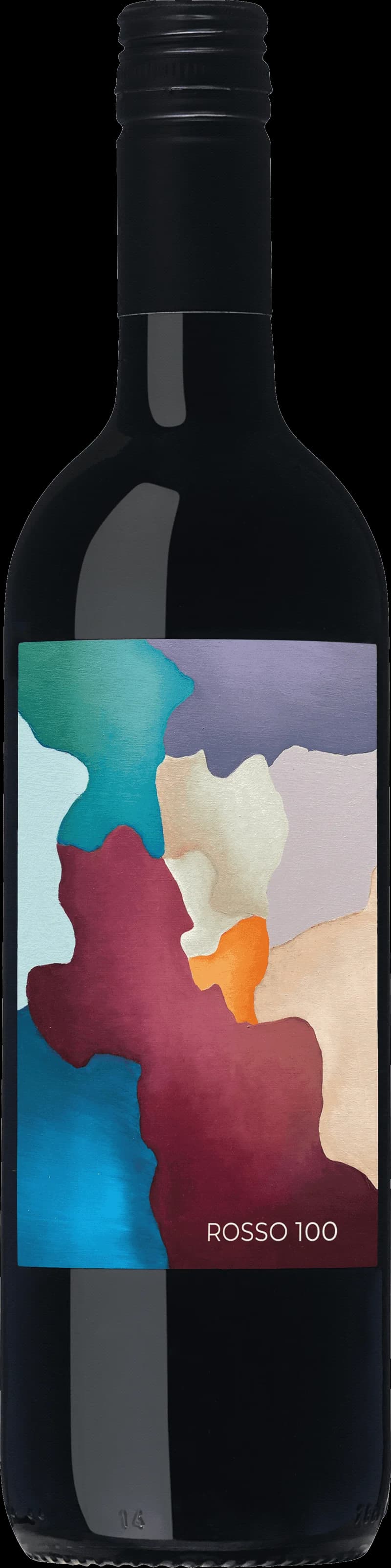 Flaska av rött vin Rosso 100 mot en mörk bakgrund.