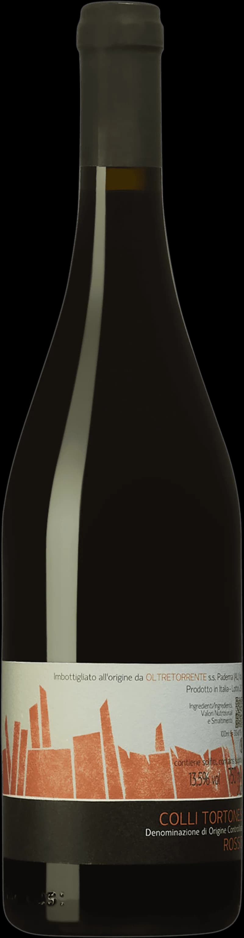 Flaska av rött vin Rosso Colli Tortonesi från Italien.
