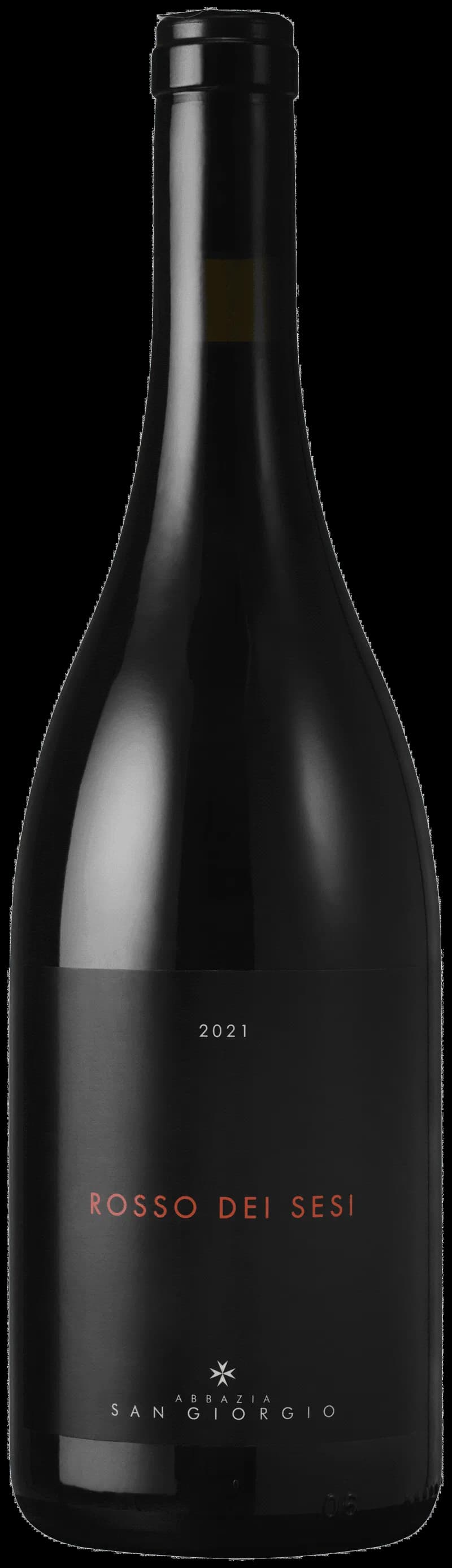 Flaska av rött vin Rosso dei Sesi på vit bakgrund