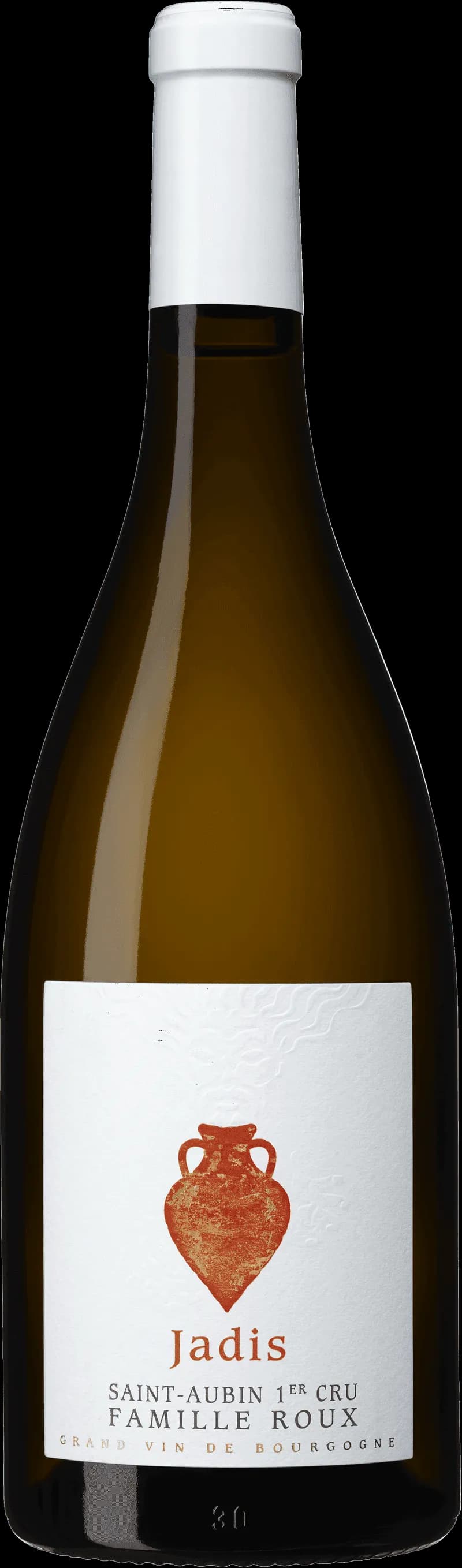 Flaska Roux Saint-Aubin Premier Cru Jadis vitt vin mot ljus bakgrund