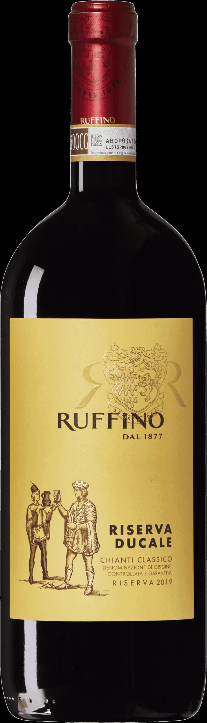 Flaska av Ruffino Riserva Ducale rött vin mot neutral bakgrund