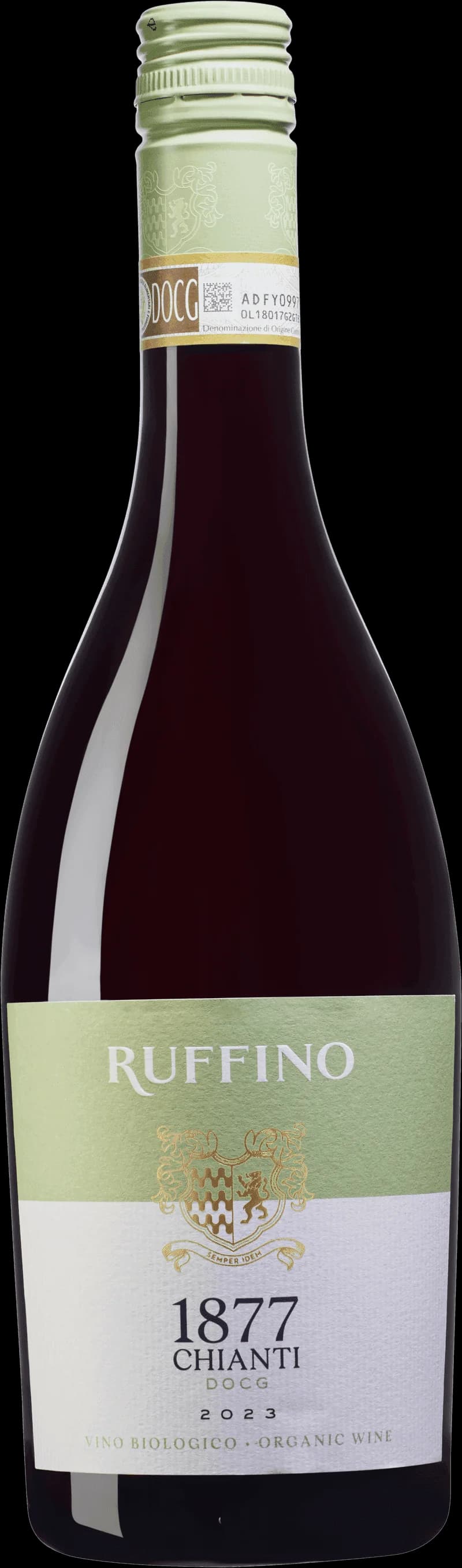 Flaska med Ruffino rött vin mot neutral bakgrund.