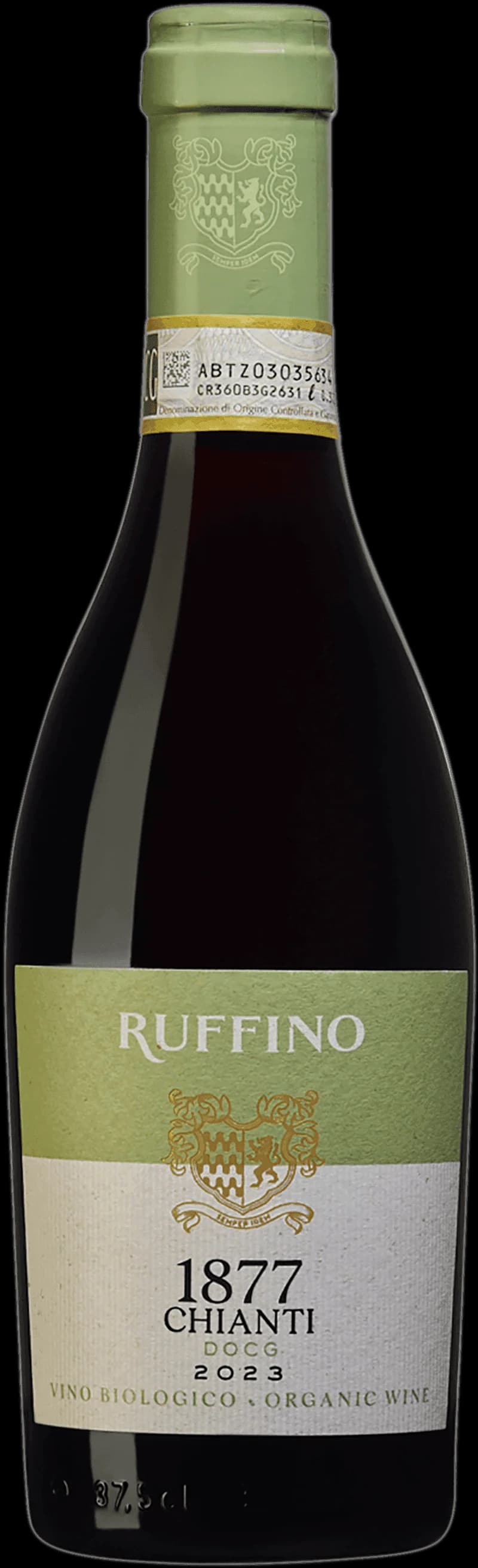 Flaska av Ruffino rött vin på en bordsservering.