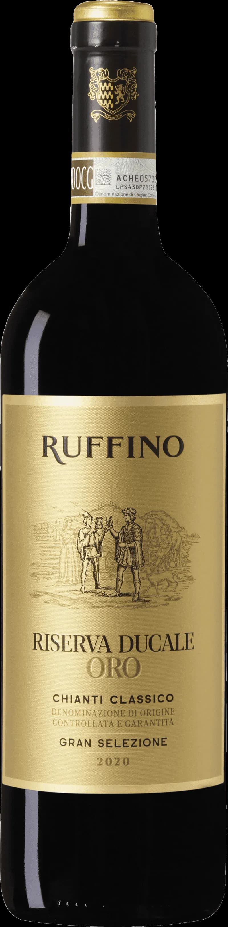 Flaska med Ruffino rött vin på en bordsservering.