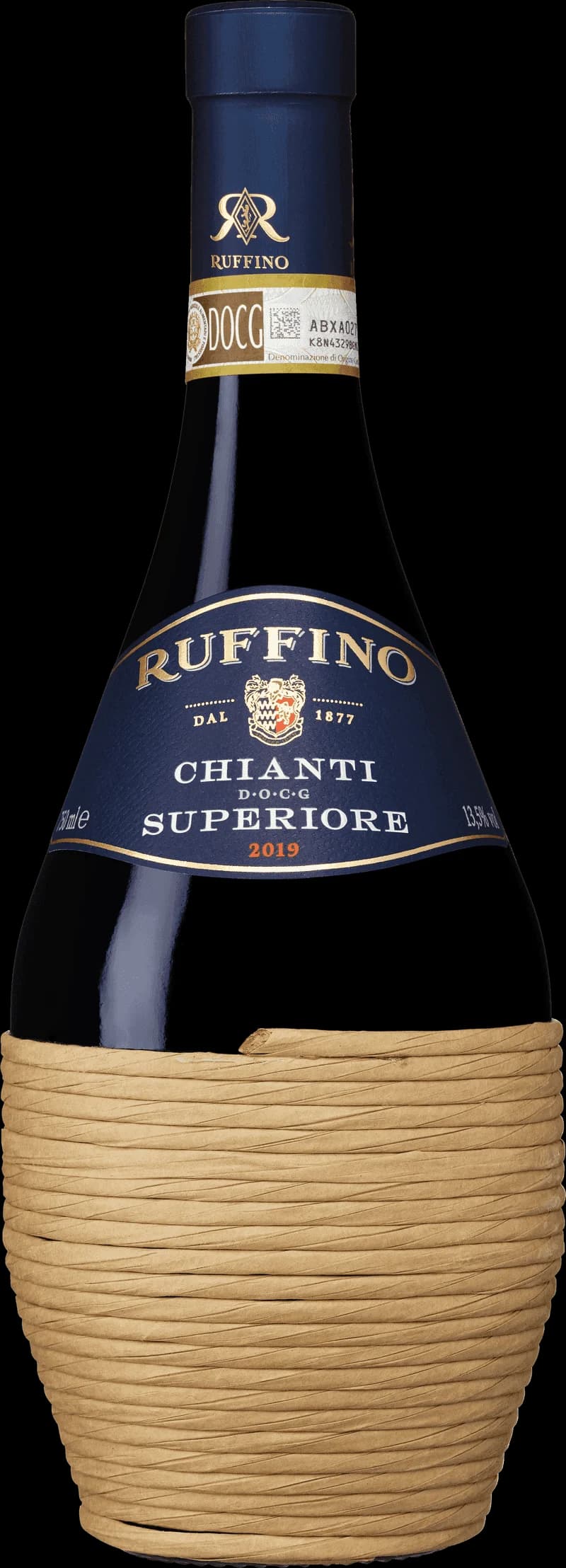 Flaska av Ruffino rött vin mot neutral bakgrund
