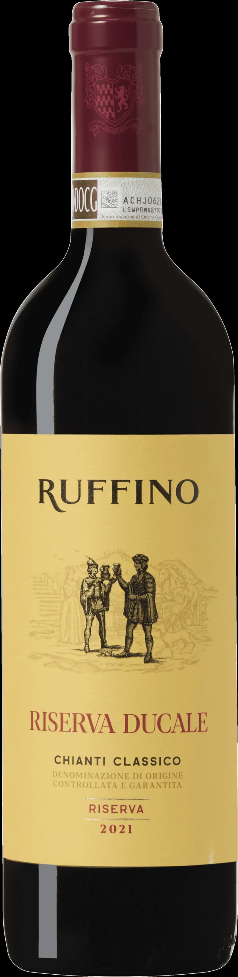 Flaska av Ruffino rött vin mot en mörk bakgrund