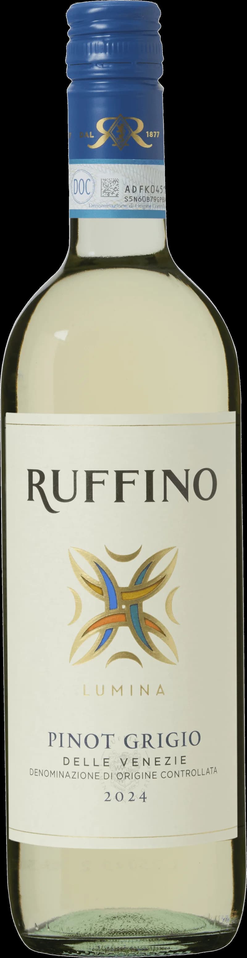 Flaska med Ruffino vitt vin mot ljus bakgrund.
