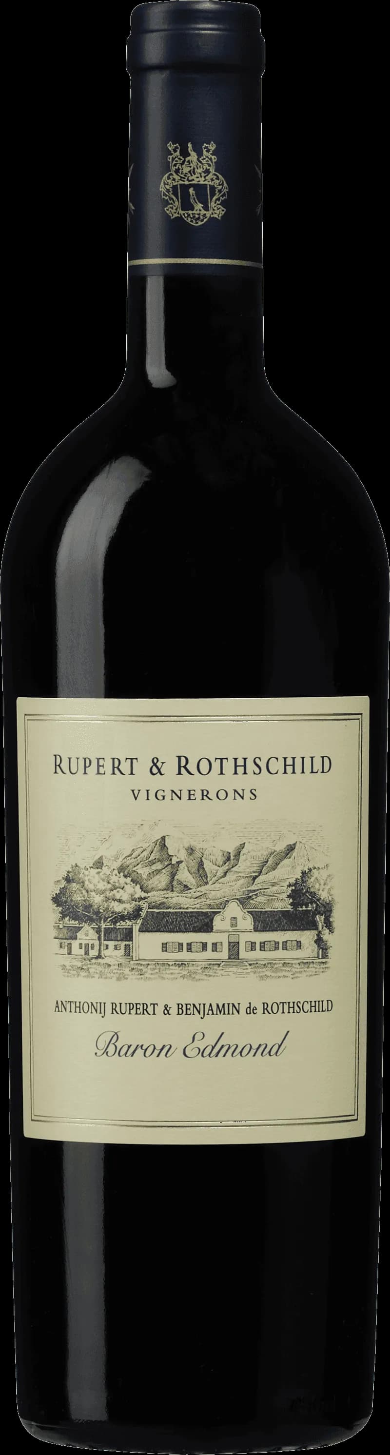 Flaska med Rupert Rothschild rött vin mot neutral bakgrund.