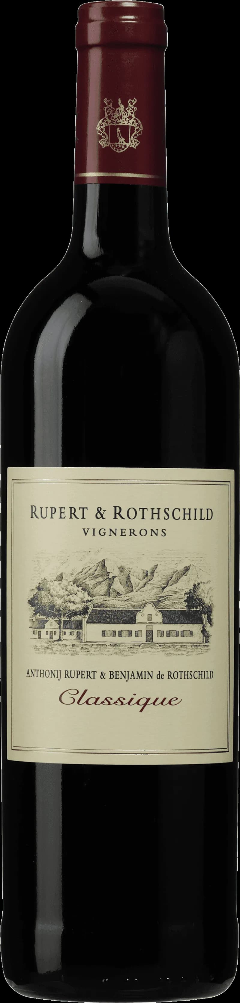 Flaska av Rupert Rothschild Vignerons rött vin mot neutral bakgrund.