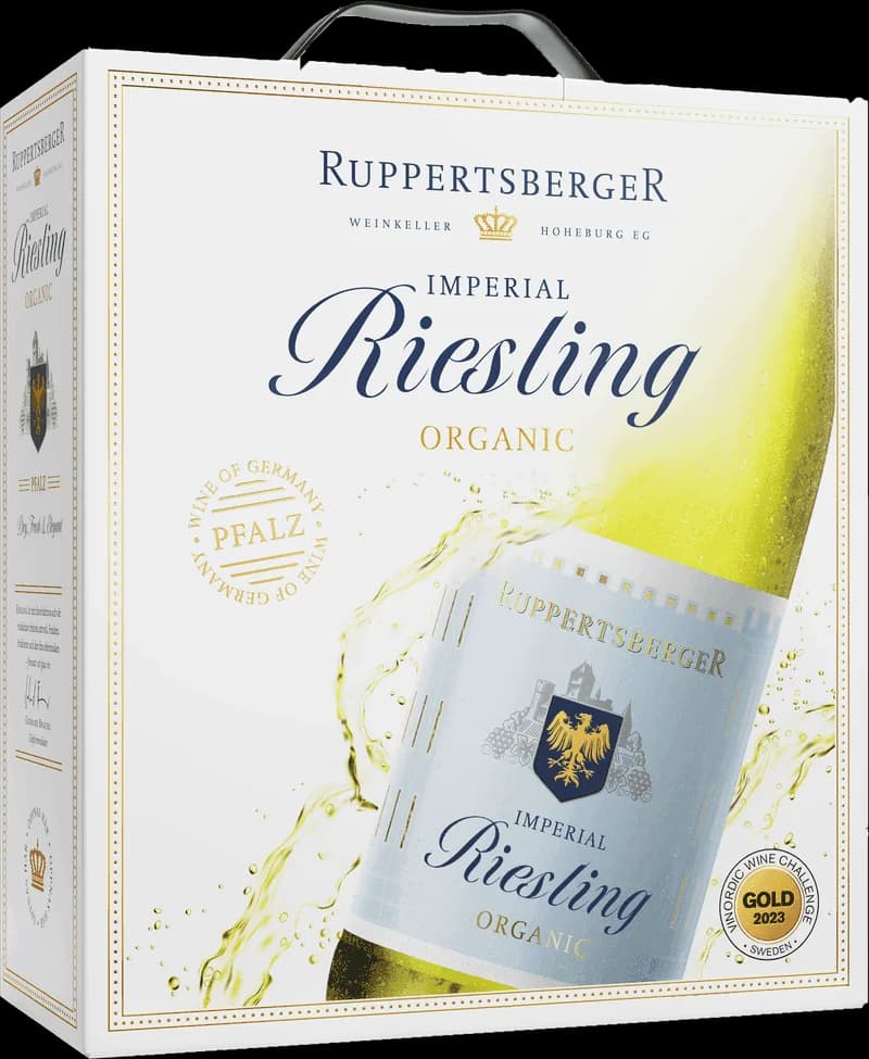 Flaska med Ruppertsberger vitt vin mot neutral bakgrund.