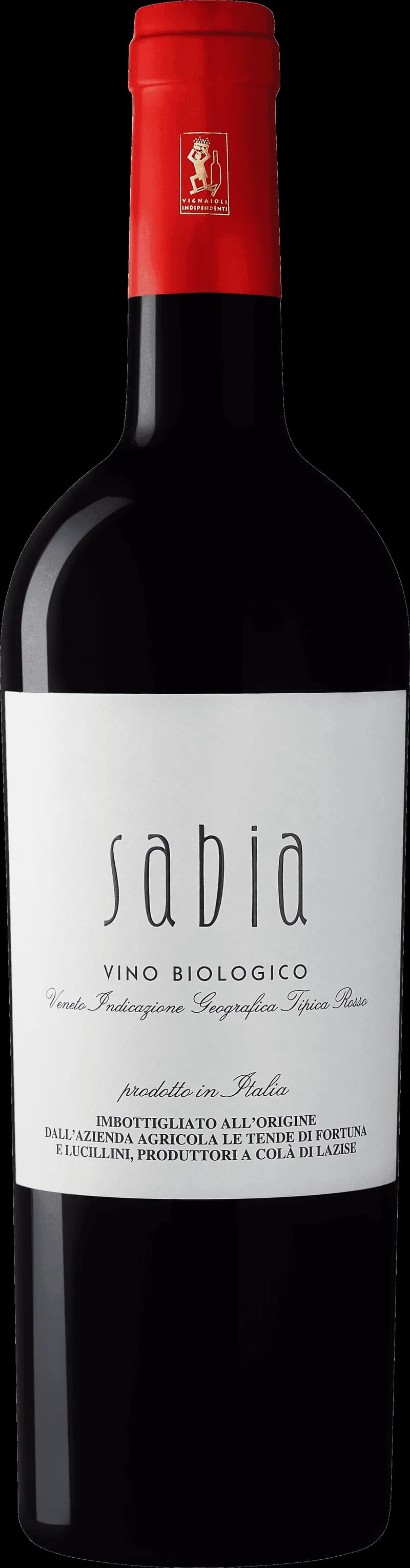 Flaska med Sabia rött vin mot neutral bakgrund